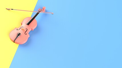 Pink-Gold classic violin on blue-yellow plane under spot lighting background. 3D sketch design and illustration. 3D high quality rendering.
