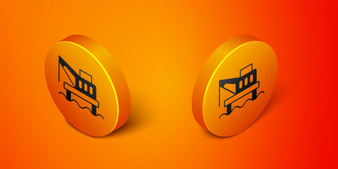 Isometric Oil platform in the sea icon isolated on orange background. Drilling rig at sea. Oil platform, gas fuel, industry offshore. Orange circle button. Vector