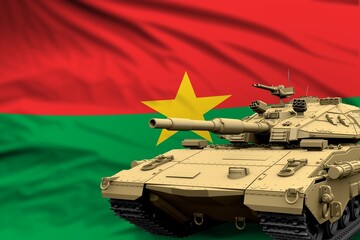 Burkina Faso modern tank with not real design on the flag background - tank army forces concept, military 3D Illustration