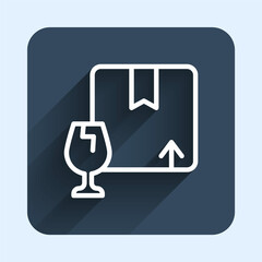 White line Delivery package box with fragile content symbol of broken glass icon isolated with long shadow background. Box, package, parcel sign. Blue square button. Vector