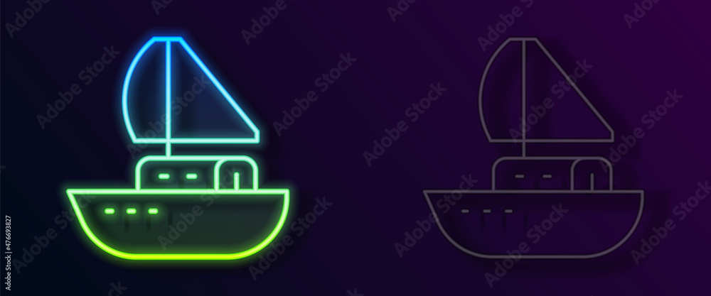 Wall mural Glowing neon line Yacht sailboat or sailing ship icon isolated on black background. Sail boat marine cruise travel. Vector