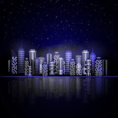 Night city near the water in blue