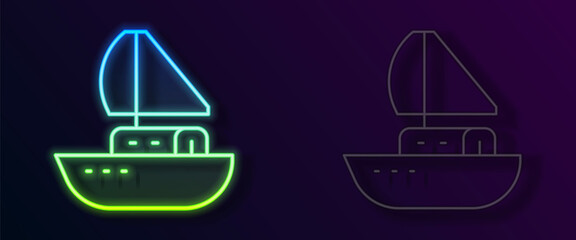 Glowing neon line Yacht sailboat or sailing ship icon isolated on black background. Sail boat marine cruise travel. Vector