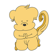 正座して合掌する犬