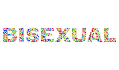 BISEXUAL text with bright mosaic flat style. Colorful vector illustration of BISEXUAL text with scattered star elements and small circles. Festive design for decoration titles.
