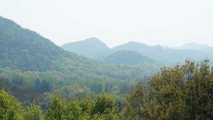 The beautiful lake landscapes in the Hangzhou city of the China in spring with fresh green mountains