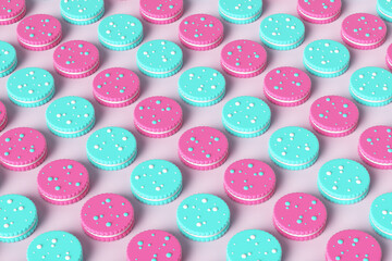 Pop art colored sweet cookies on a pink background. 3d rendering illustration.