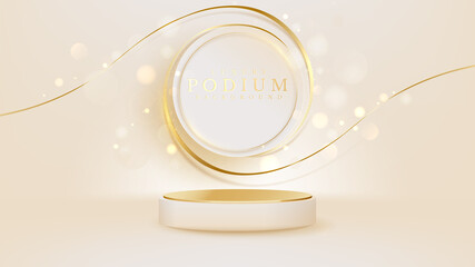 Realistic cream color podium with gold ribbon elements with glitter light effect. Luxury banner background design.