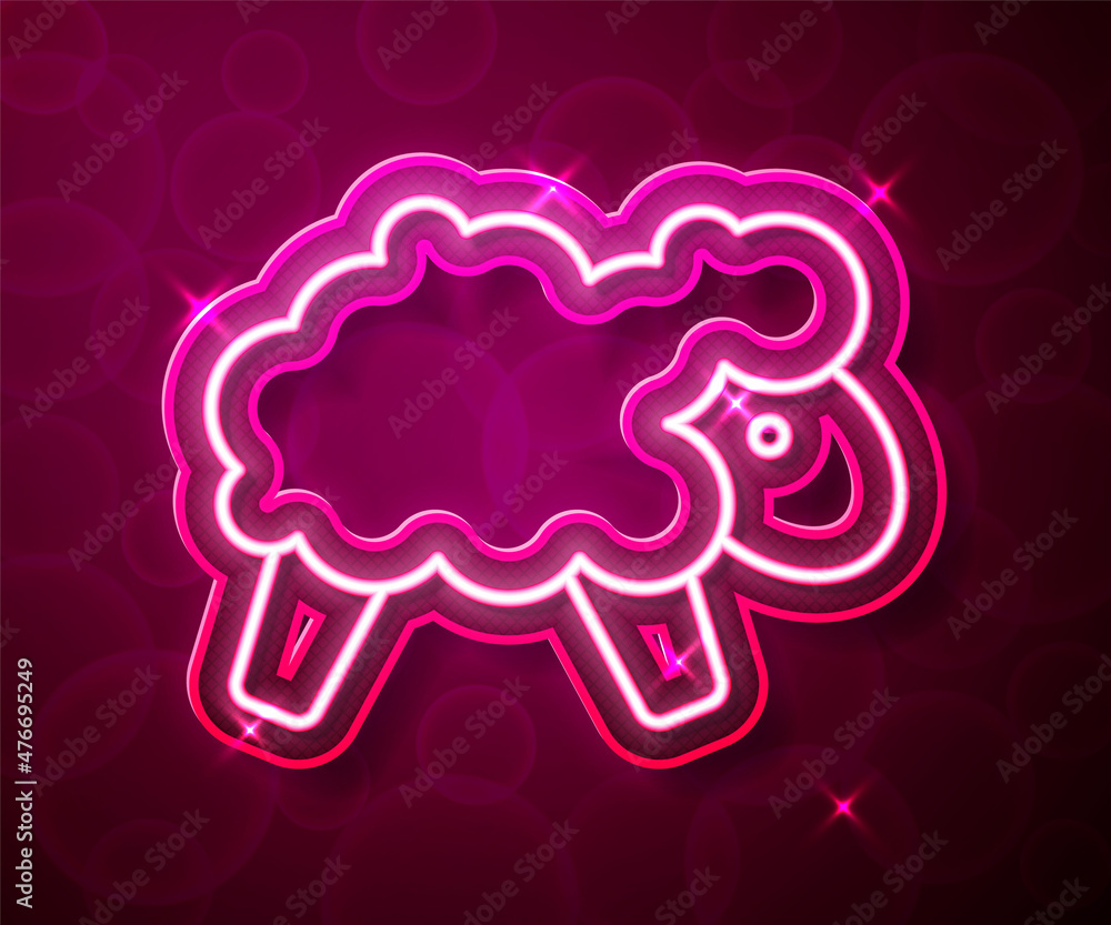 Poster glowing neon line sheep icon isolated on red background. counting sheep to fall asleep. vector