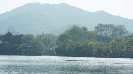 The beautiful lake landscapes in the Hangzhou city of the China in spring with the peaceful lake and fresh green mountains