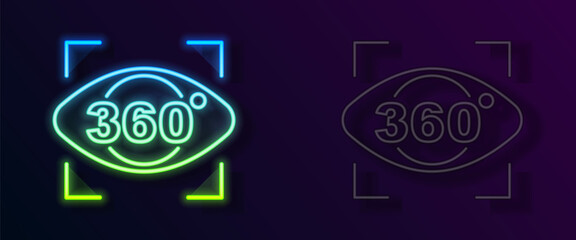 Glowing neon line 360 degree view icon isolated on black background. Virtual reality. Angle 360 degree camera. Panorama photo. Vector - obrazy, fototapety, plakaty