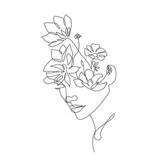 Woman Head with Flowers Line Vector Drawing. Style Template with Female Face with Flowers. Modern Minimalist Simple Linear Style. Beauty Fashion Design