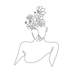 Woman Head with Flowers Line Vector Drawing. Style Template with Female Face with Flowers. Modern Minimalist Simple Linear Style. Beauty Fashion Design