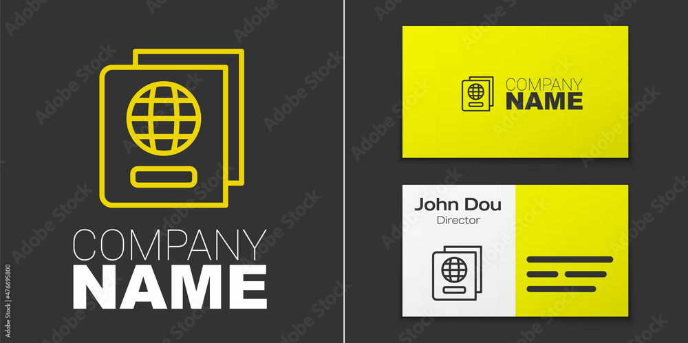 Poster logotype line passport with biometric data icon isolated on grey background. identification document