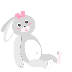 A gray bunny with a pink bow is a soft children's toy. Cute vector illustration isolated on white background