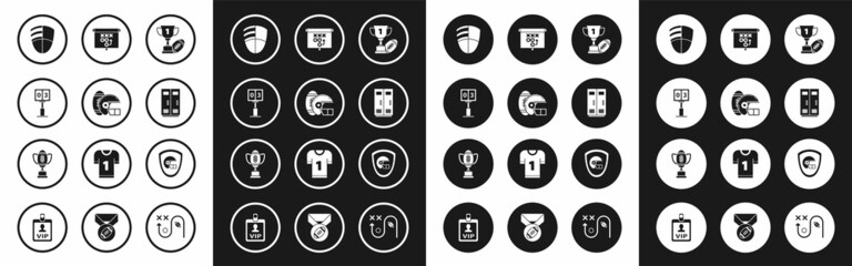 Set Award cup and American football ball, club logo template, Locker changing room for football, basketball team workers, Planning strategy concept, shield and icon. Vector