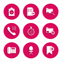 Set Briefcase, Office chair, Bookmark, Folder settings with gears, Telephone, handset, Search concept folder and Completed task icon. Vector