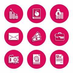 Set Stacks paper money cash, Document with graph chart, Resume, Briefcase and, Safe, Envelope, Money bag coin and Pie infographic icon. Vector