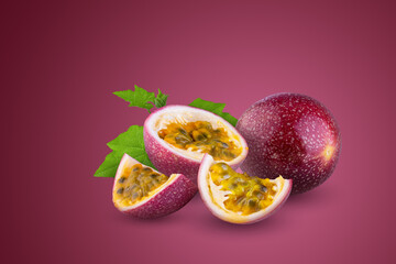 Whole passionfruit and a half of maracuya isolated on red background.