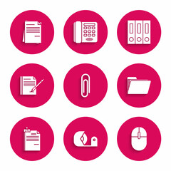 Set Paper clip, Scotch, Computer mouse, Document folder, File document and binder, Blank notebook pen, Office folders with papers documents and icon. Vector