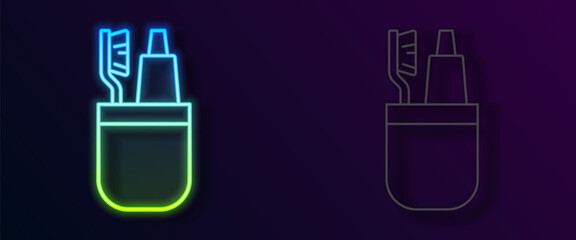 Glowing neon line Toothbrush and tube of toothpaste icon isolated on black background. Disposable bathroom supplies. Vector