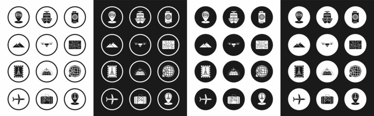 Set Passport with ticket, Drone flying action video camera, Mountains, Map pointer Coliseum Rome, Italy, pages visa stamps, Ship, Globe plane and Postal and Eiffel tower icon. Vector