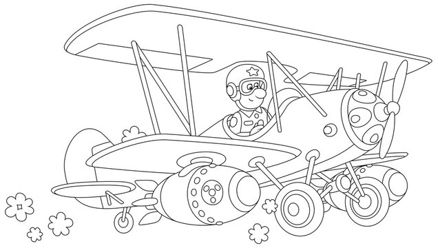 Toy aviator piloting an old-fashioned war airplane with bombs, black and white outline vector cartoon illustration for a coloring book page