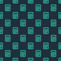 Green line Calculator icon isolated seamless pattern on blue background. Accounting symbol. Business calculations mathematics education and finance. Vector