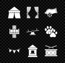 Set Circus tent, Curtain, Cannon, Carnival garland with flags, Ticket box office, Drum drum sticks, Attraction carousel and Seesaw icon. Vector