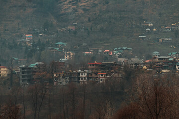 View of the city buildings on mountains at Manali in Himachal Pradesh, India