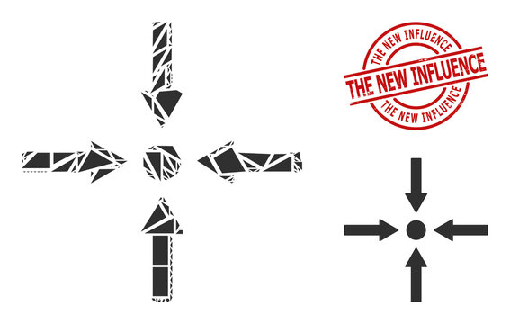 Simple geometric meeting point arrows mosaic and THE NEW INFLUENCE dirty stamp seal. Red stamp seal has The New Influence tag inside round and lines shape.