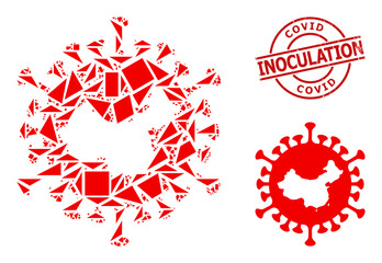 Simple geometric Chinese covid virus mosaic and Covid Inoculation textured stamp seal. Red stamp seal includes COVID INOCULATION text inside circle and lines template.