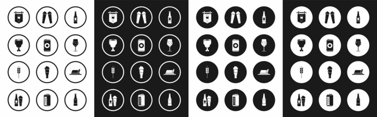 Set Beer bottle, can, Chicken leg, Street signboard with glass of beer, Glass, Oktoberfest hat and Cereals set rice, wheat, corn, oats, rye, barley icon. Vector