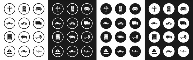Set Retro minivan, Bicycle, Sedan car, Old retro vintage plane, Delivery cargo truck vehicle, Double decker bus, and Bus icon. Vector