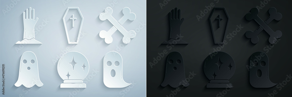 Wall mural set magic ball, crossed bones, ghost, coffin with christian cross and zombie hand icon. vector