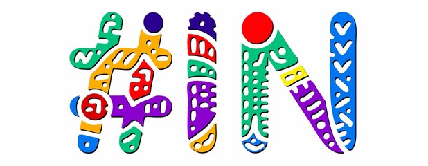 IN Hashtag. Multicolored bright isolate curves doodle letters. Hashtag #IN is abbreviation for the US American state Indiana for social network, web resources, mobile apps.
