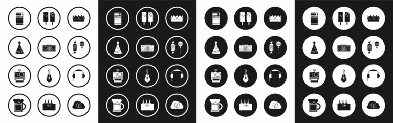 Set Crown, Home stereo with two speakers, Party hat, Open cigarettes pack box, Lollipop, Ice cream, Headphones and Photo camera icon. Vector