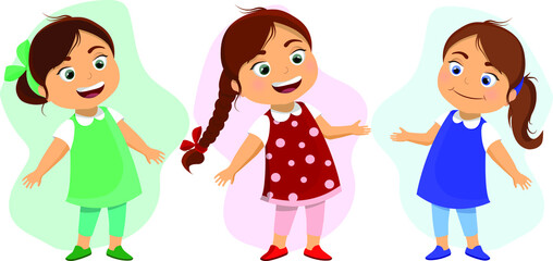 Three girls in colored dresses