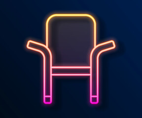 Glowing neon line Camping portable folding chair icon isolated on black background. Rest and relax equipment. Fishing seat. Vector