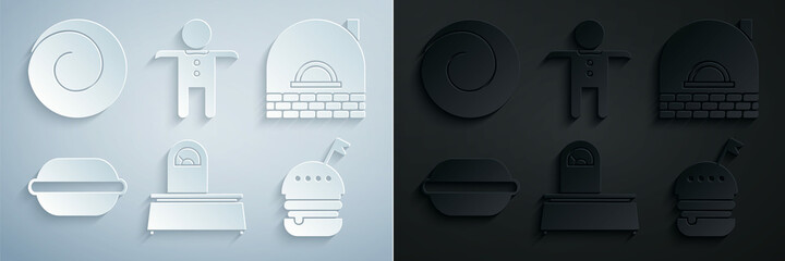 Set Scales, Brick stove, Macaron cookie, Burger, Holiday gingerbread man and Roll bun with cinnamon icon. Vector