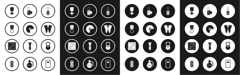 Set Military dog tag, helmet, reward medal, Binoculars, Kettlebell and ammunition box icon. Vector