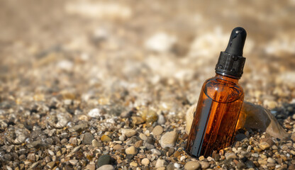 Cosmetic glass bottle with serum or essential oil on stone sea beach, copy space. Liquid product...