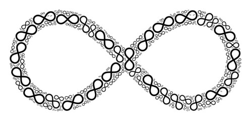 Vector infinity icon collage. Infinity mosaic is made from randomized recursive infinity parts. Recursive mosaic of infinity icon.