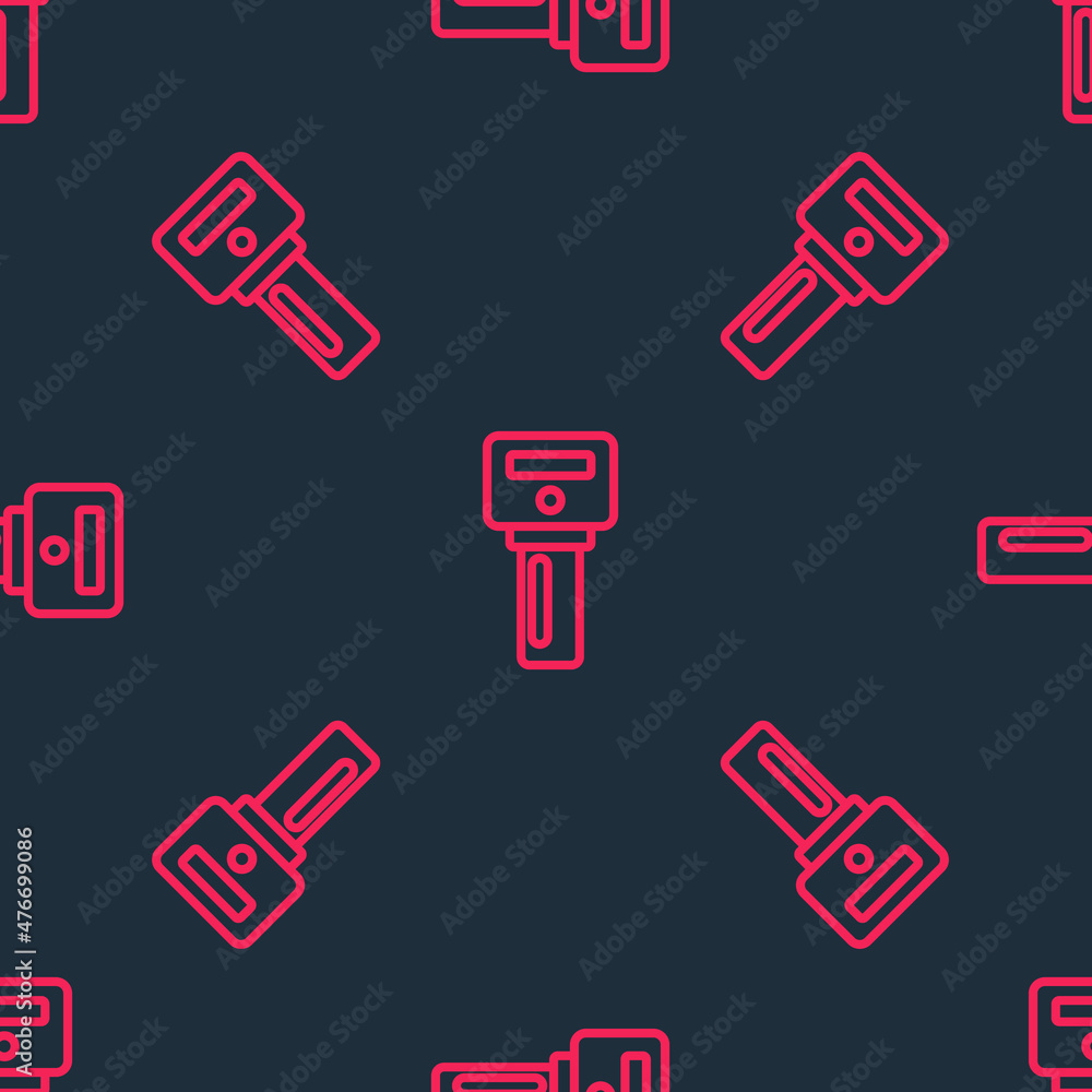 Poster red line car key with remote icon isolated seamless pattern on black background. car key and alarm s