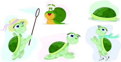 Cheerful cartoon turtle and snail