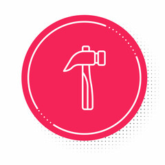 White line Hammer icon isolated on white background. Tool for repair. Red circle button. Vector