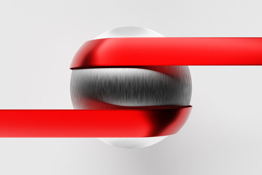 3d illustration geometric volumetric figure of a metallic silver ball with a red ribbon around it on a white isolated background