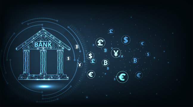 Banking Technology concept.Isometric illustration of bank on dark blue technology background. Digital connect system.Financial and Banking technology concept.Vector illustration.EPS 10.