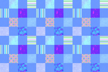 水色のバリエーションの色面と縞やドットのパッチワーク風市松模様