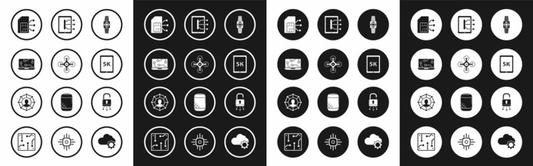 Set Smartwatch, Drone, Laptop, Sim card, Tablet with text 5k, Lock digital circuit board and Project team base icon. Vector